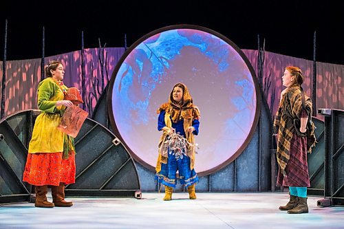 MIKAELA MACKENZIE / WINNIPEG FREE PRESS

Katherine MacLean as Oknawpacikw (left), Krystle Pederson as Grandmother Moon, and Mallory James as Eilidh play a key moment in the dress rehearsal of Frozen River at MTYP in Winnipeg on Wednesday, Feb. 23, 2022. For Jill story.
Winnipeg Free Press 2022.