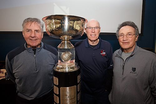 MIKE DEAL / WINNIPEG FREE PRESS
(from left) AVCO Cup champions; Perry Miller, Mike Ford, and Bill Lesuk with the AVCO Cup during the announcement at the BellMTS Iceplex, for the upcoming 50th Anniversary of the WHA.
See Taylor Allen story
220310 - Thursday, March 10, 2022.