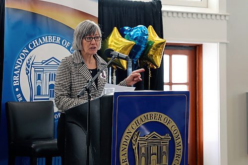 Sport Manitoba president and CEO Janet McMahon delivers the keynote address at the Brandon Chamber of Commerce's Superwoman Conference on Thursday at the Dome Building. (Colin Slark/The Brandon Sun