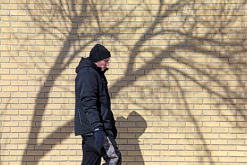 11032022
A pedestrian walks through a tree's shadow on a brick building in downtown Brandon on a sunny and unseasonably cold Friday. (Tim Smith/The Brandon Sun)