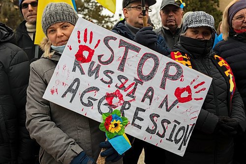 Brandonites march in support of Ukraine on Saturday. The rally saw hundreds meet at Brandon University and make their way to Brandon City Hall. (Chelsea Kemp/The Brandon Sun)