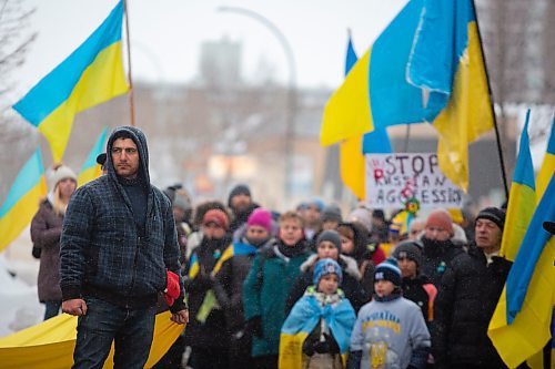 Brandonites march in support of Ukraine on Saturday. The rally saw hundreds meet at Brandon University and make their way to Brandon City Hall. (Chelsea Kemp/The Brandon Sun)