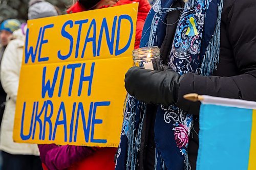 Brandonites march in support of Ukraine on Saturday. The rally saw hundreds meet at Brandon University and make their way to Brandon City Hall. (Chelsea Kemp/The Brandon Sun)