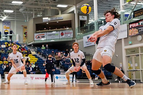 Brandon University Bobcats Philipp Lauter, left, Rylan Metcalf and Jens Watt take on the University of Manitoba Bisons in a Canada West men&#x573; volleyball game at the Healthy Living Centre Saturday. (Chelsea Kemp/The Brandon Sun)