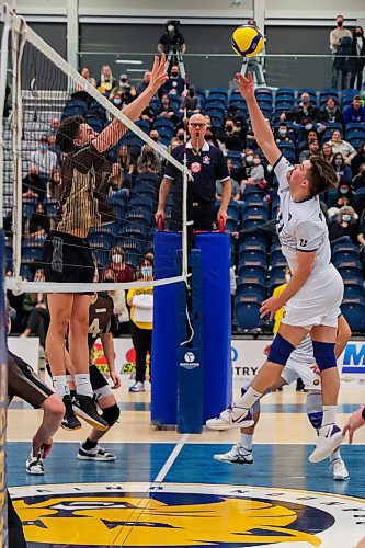 Brandon University Bobcats Bryston Keck takes on the University of Manitoba Bisons in a Canada West men&#x573; volleyball game at the Healthy Living Centre Saturday. (Chelsea Kemp/The Brandon Sun)