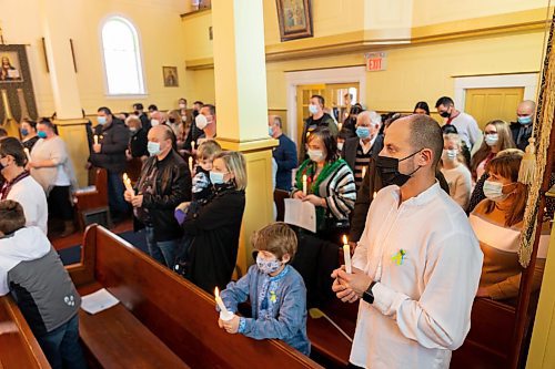 Parishioners gather at the Holy Ghost Ukrainian Orthodox Church for a prayer service in support of Ukraine Sunday. In response to the Russian invasion of the country the Ukrainian Orthodox Church of Canada has blessed all churches to be active centres of prayer and &#x201c;havens for the storm-tossed&#x201d; to provide solace to communities. (Chelsea Kemp/The Brandon Sun)
