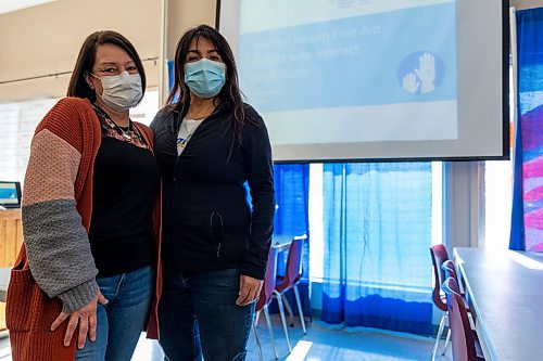PMH clinical services specialist and instructor Tess Lelond, left, and Brandon Friendship Centre Mental Health Counselor Nellie Copitz  host a Mental Health First Aid training seminar Thursday at the Mahkaday Ginew Memorial Centre. (Chelsea Kemp/The Brandon Sun)