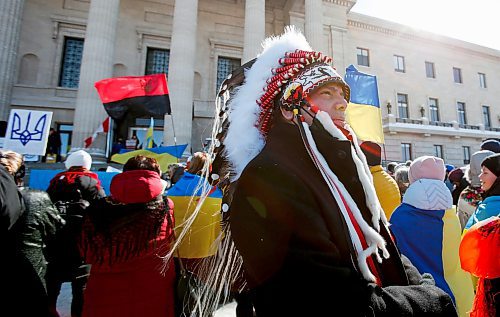 JOHN WOODS / WINNIPEG FREE PRESS
Chief Garrison Settee looks on as people gather at a rally in support of Ukraine and against the Russian invasion at the Manitoba Legislature Sunday, March 13, 2022.