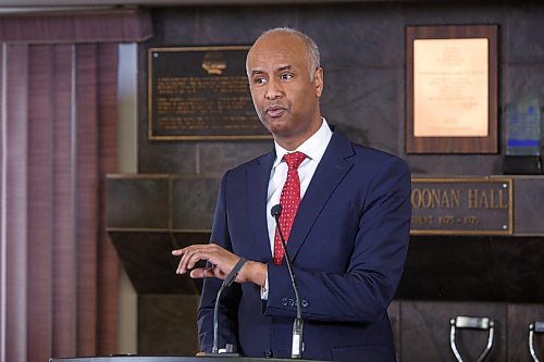 MIKE DEAL / WINNIPEG FREE PRESS
Ahmed Hussen, Minister of Housing and Diversity and Inclusion, during the announcement that $11.5 million in federal funding went in to renovating homes in the Westboine Park Housing Cooperative at 32 Shelmerdine Drive. 
The federal funding, along with $8 million from the Assiniboine Credit Union, resulted in new roofs, siding, insulation and windows for the homes.
See Katie May story
220314 - Monday, March 14, 2022.