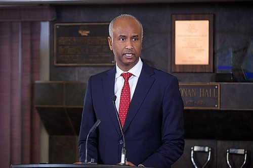 MIKE DEAL / WINNIPEG FREE PRESS
Ahmed Hussen, Minister of Housing and Diversity and Inclusion, during the announcement that $11.5 million in federal funding went in to renovating homes in the Westboine Park Housing Cooperative at 32 Shelmerdine Drive. 
The federal funding, along with $8 million from the Assiniboine Credit Union, resulted in new roofs, siding, insulation and windows for the homes.
See Katie May story
220314 - Monday, March 14, 2022.