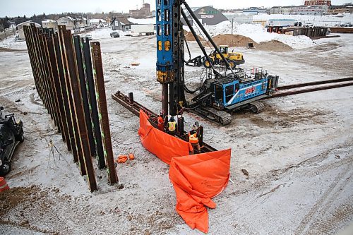 Rows of steel girders driven into the ground mark the site of the new Daly Overpass construction along 18th Street on Monday afternoon. (Matt Goerzen/The Brandon Sun)