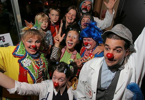 BORIS MINKEVICH / WINNIPEG FREE PRESS  060928 A celebration of 20 years of therapeutic clowning. This weekend clowns from the Association of Therapeutic Clowns and Clownwise Inc. will gather in Winnipeg to celebrate 20 years in igistance. The organization was started by Karen Ridd (top without a clown outfit). In the photo that was taken at teh Gas Station Theatre is also Ridd's kids (right -left - back) Ben McIntyre-Ridd,4, and Daniel McIntyre-Ridd,8.