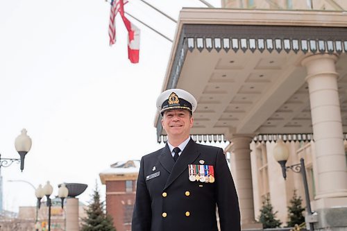 Mike Sudoma / Winnipeg Free Press
Commander of the HMCS Winnipeg, Doug Layton outside of the Fort Garry Hotel Tuesday afternoon while on an annual visit
March 15, 2022