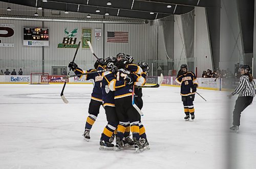 JESSICA LEE / WINNIPEG FREE PRESS

J.H. Bruns players celebrate after Avery Lazarenko (18) scored the 4th goal of the game. J.H. Bruns won the second game out of three against Coll&#xe8;ge Jeanne-Sauv&#xe9; 3-2 during the second finals game on March 16, 2022. The final game will determine the high school women&#x2019;s hockey team.

Reporter: Taylor


