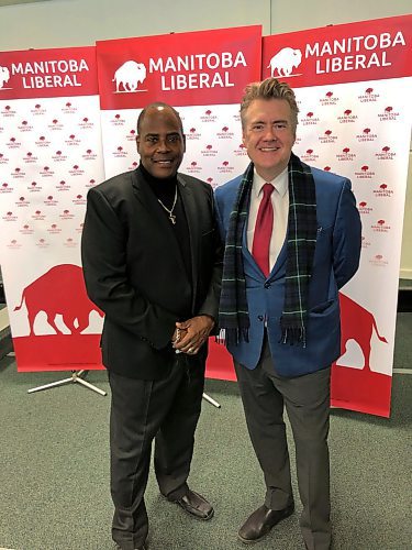 Danielle DaSilva / Winnipeg Free Press
Fort Whyte candidate Willard Reaves and party leader Dougald Lamont at the Centro Caboto Centre.
