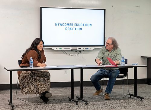 JESSICA LEE / WINNIPEG FREE PRESS

Kathleen Vyrauen, Co-Chairperson of the Newcomer Education Coalition (left) and Tom Simms, Researcher for the State of Equity in Education Report, discuss their findings of inequity in Winnipeg&#x2019;s school division on March 21, 2022 at Merchants Corner.

Reporter: Maggie


