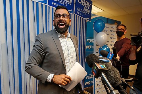 JOHN WOODS / WINNIPEG FREE PRESS
Obby Khan celebrates a win over Willard Reaves at party HQ in a by-election in Fort Whyte Tuesday, March 22, 2022. 

Re: Carol