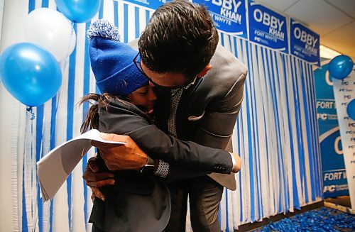 JOHN WOODS / WINNIPEG FREE PRESS
Obby Khan celebrates a win over Willard Reaves with his son Sufiyan at party HQ in a by-election in Fort Whyte Tuesday, March 22, 2022. 

Re: Carol