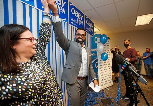 JOHN WOODS / WINNIPEG FREE PRESS
Obby Khan celebrates a win over Willard Reaves with party leader Heather Stefanson at party HQ in a by-election in Fort Whyte Tuesday, March 22, 2022. 

Re: Carol