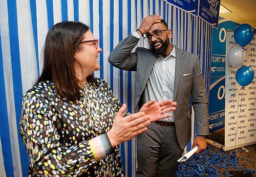 JOHN WOODS / WINNIPEG FREE PRESS
Obby Khan celebrates a win over Willard Reaves with party leader Heather Stefanson at party HQ in a by-election in Fort Whyte Tuesday, March 22, 2022. 

Re: Carol