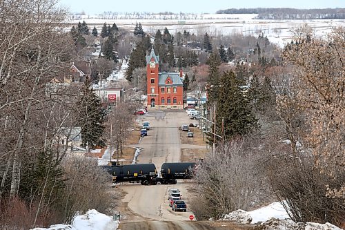 24032022
A train passes through Minnedosa, Manitoba on a grey and windy Thursday. (Tim Smith/The Brandon Sun)