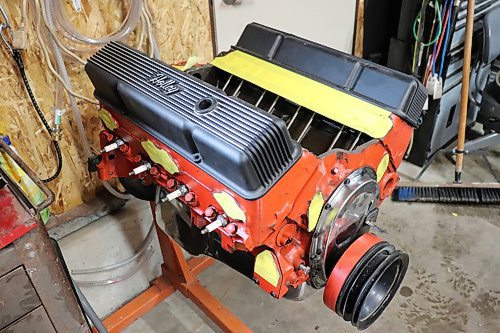 A closer look at the 350 cubic inch engine that James Cooke is looking to install in his 1974 Chevrolet truck to give it a little more horsepower than its original motor. (Kyle Darbyson/The Brandon Sun) 