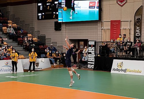 JESSICA LEE / WINNIPEG FREE PRESS

Trinity Western University player Isiah Olfert (4) serves a ball during a semi-finals game. University of Manitoba Bisons men&#x2019;s volleyball team played against Trinity Western University on March 25, 2022 at the IG Athletic Centre.

Reporter: Mike S.


