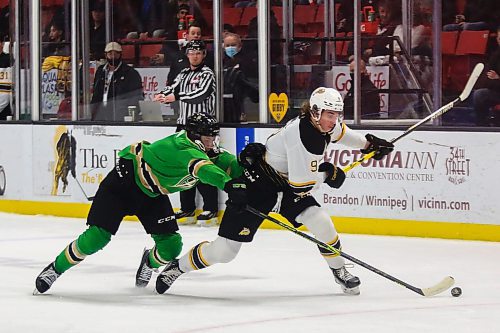 Brandon Wheat Kings Riley Ginnell protects the puck from Prince Albert Raiders Remy Aquilon in a Western Hockey League game Friday at Westoba Place. (Chelsea Kemp/The Brandon Sun)