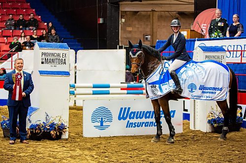 Karissa Enders from Calgary placed first in the hunter jumper Gambler&#x573; Choice competition with her mare Ginny Fizz. The duo claimed first place with a 1,070 point finish Monday evening. (Chelsea Kemp/The Brandon Sun)