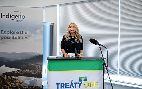 JESSICA LEE / WINNIPEG FREE PRESS

Heather Berthelette, CEO of Tribal Council Investment Group speaks at Indigeno Travel offices on March 30, 2022.