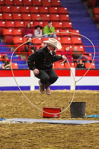 Tom Bishop Wild West Show performers showcase their skills at the Royal Manitoba Winter Fair Thursday at Westoba Place. (Chelsea Kemp/The Brandon Sun)