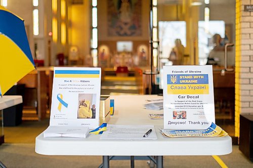 Mike Sudoma / Winnipeg Free Press
A table set up for donations in support of Stand With Ukraine in the atrium of St Joseph Ukranian Church Friday afternoon
April 1, 2022