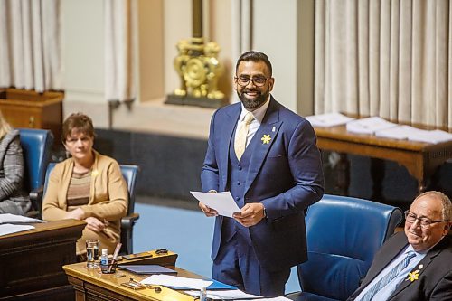 MIKE DEAL / WINNIPEG FREE PRESS
Obby Khan, MLA Fort Whyte, speaks in the assembly chamber during his first Question Period, Monday afternoon.
220404 - Monday, April 04, 2022.