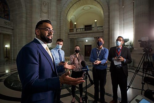 MIKE DEAL / WINNIPEG FREE PRESS
Obby Khan, MLA Fort Whyte, speaks to the media after his first question period, Monday afternoon.
220404 - Monday, April 04, 2022.