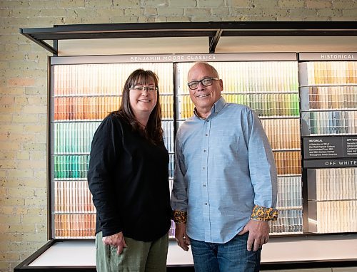 JESSICA LEE / WINNIPEG FREE PRESS

Paul Schimnowski (right) poses for a photo with daughter Jennifer Schimnowski Fredrickson in their store, Western Paint, on April 4, 2022. 

Reporter: Dave