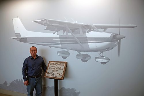 Brandon Municipal Airport manager Greg Brown shows off the space earmarked in the terminal to become a wall of fame for people important to local aviation history. (Colin Slark/The Brandon Sun)