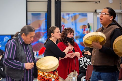 Megan McKenzie and Florence Halcrow dance at the Kahomani &#x482;ringing Communities Together&#x4e0;at the Mahkaday Ginew Memorial Centre Saturday. (Chelsea Kemp/The Brandon Sun)