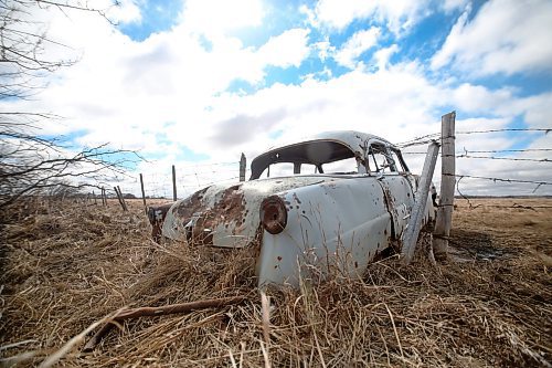 A rusted out Mercury Meteor serves as a fancy post for a barbed wire fence in a pasture west of Brandon, seen here on a cool spring day on Wednesday afternoon. (Matt Goerzen/The Brandon Sun)