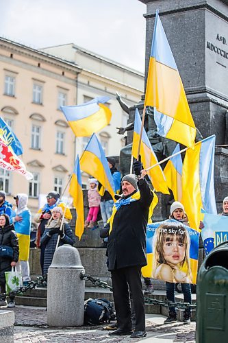 MIKAELA MACKENZIE / WINNIPEG FREE PRESS

Ukrainian-Canadian Adrian Harasym at a demonstration, which was calling for NATO to close the airspace over Ukraine, in Krakow on Sunday, April 3, 2022.  For Melissa story.
Winnipeg Free Press 2022.