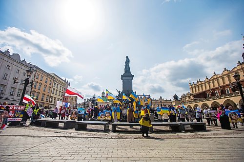 MIKAELA MACKENZIE / WINNIPEG FREE PRESS

A daily demonstration, which was calling for NATO to close the airspace over Ukraine, takes place in the heart of the old town in Krakow on Sunday, April 3, 2022.  For Melissa story.
Winnipeg Free Press 2022.