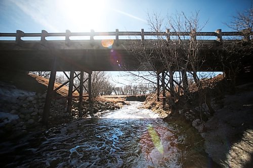 Spring meltwater flows swiftly through a creek and under a municipal bridge south of the Trans-Canada Highway near CFB Shilo on Friday afternoon. (Matt Goerzen/The Brandon Sun)