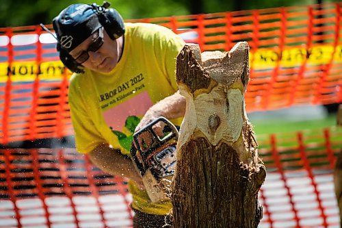 Daniel Crump / Winnipeg Free Press. An artist uses a chainsaw to carve a figure during Winnipeg&#x573; 21 annual Arbor Day celebration. The well attended event was held at Kildonan Park Saturday afternoon. June 4, 2022.