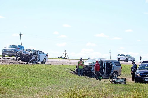 06062022
RCMP officers work at the scene of a serious two-vehicle-collision on Highway 10 south of Erickson, Manitoba on Monday morning. STARS Air Ambulance responded to the scene of the collision and transported a male in critical condition to Winnipeg. 
(The Brandon Sun)
