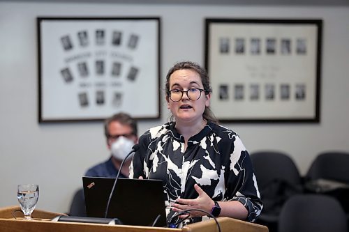 Brandon University English professor Deanna Smid speaks in favour of a proposed beekeeping operation for the roof of Harvest Hall at Monday's Brandon City Council meeting. Council approved the project, but added a condition that a yearly report and public hearing be held to review its progress and safety. (Colin Slark/The Brandon Sun)