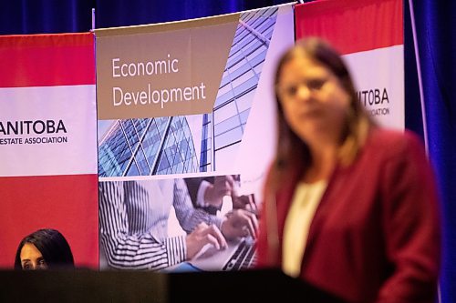 Daniel Crump / Winnipeg Free Press. Premier Heather Stefanson speaks during the announcement for the Manitoba Real Estate Association&#x573; first commercial investment campaign to promote business investment in Manitoba at the Fairmont Hotel in downtown Winnipeg. September 8, 2022.