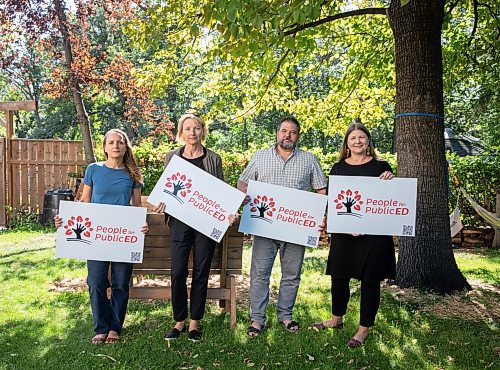 JESSICA LEE / WINNIPEG FREE PRESS

From left to right: Shannon Moore, Melanie Janzen, Marc Kuly and Tamara Kuly, hold signs on September 9, 2022 representing People for Public Education, an organization founded to raise awareness about public education. They will be educating Manitobans on the dwindling funding for K-12 schools in the province and the consequences of the provincial money not keeping pace with inflation.

Reporter: Maggie Macintosh