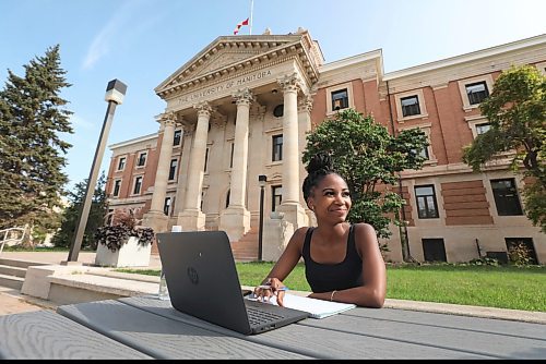 RUTH BONNEVILLE / WINNIPEG FREE PRESS

Local - University students and masks

Nthabiseng Peters works on her laptop outside during her break at the U of M Monday.  

Students from the University of Manitoba and the University of Winnipeg respond to questions about mask use on campus with FP reporter Monday.  

Sept 12th,  2022
