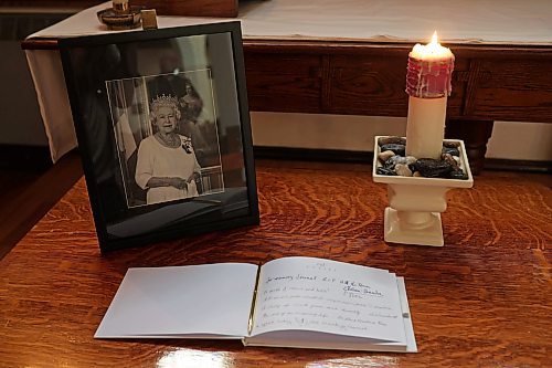 13092022
A book of condolence for Her Majesty Queen Elizabeth II sits on display at St. Matthew's Anglican Cathedral in Brandon on Tuesday. 
(Tim Smith/The Brandon Sun)