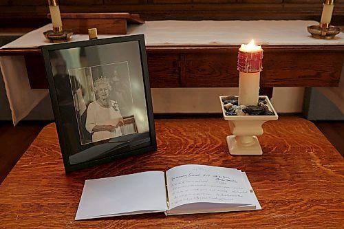 13092022
A book of condolence for Her Majesty Queen Elizabeth II sits on display at St. Matthew's Anglican Cathedral in Brandon on Tuesday. 
(Tim Smith/The Brandon Sun)