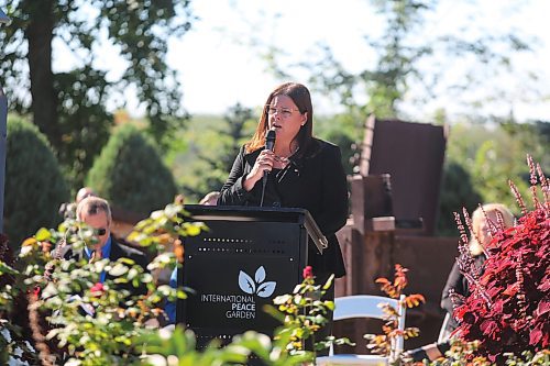 Premier Heather Stefanson brings greetings on behalf of the province of Manitoba during Sunday's 9/11 memorial event, which took place at the International Peace Garden near the Canadian-United States border. (Kyle Darbyson/The Brandon Sun) 